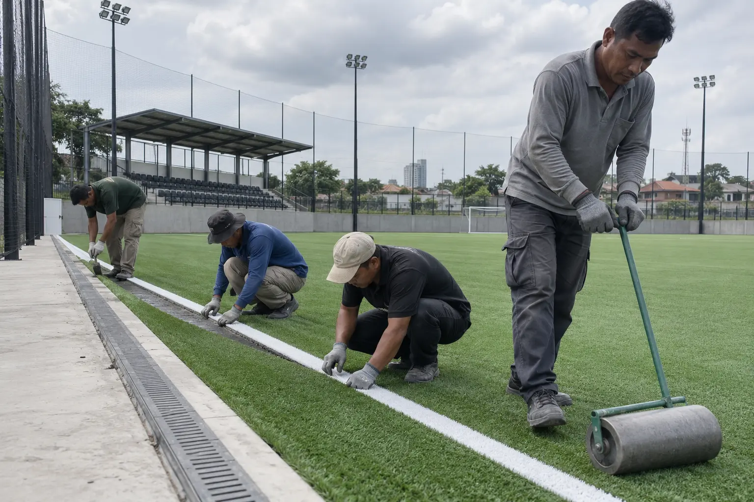 Pemasangan garis rumput sintetis mini soccer